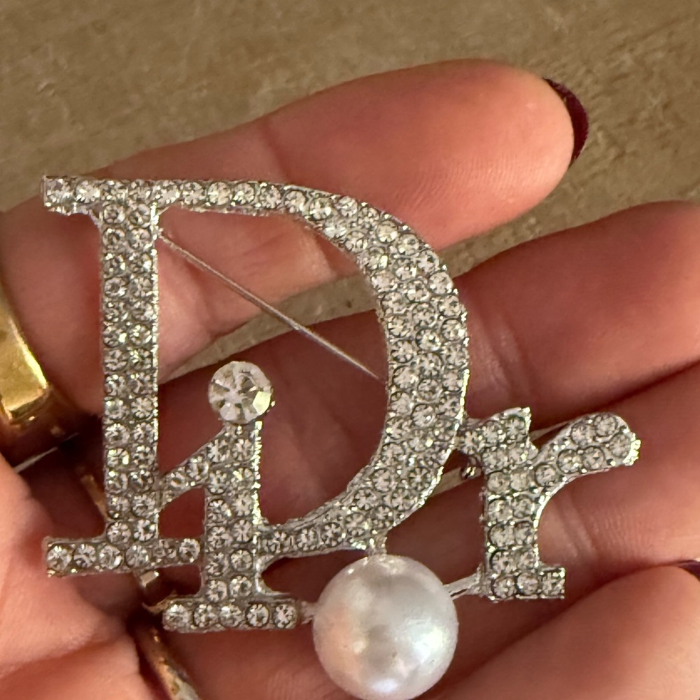 Silver Tone Rhinestone Brooch with Pearl Accent | Statement Pin - Picture 4 of 5